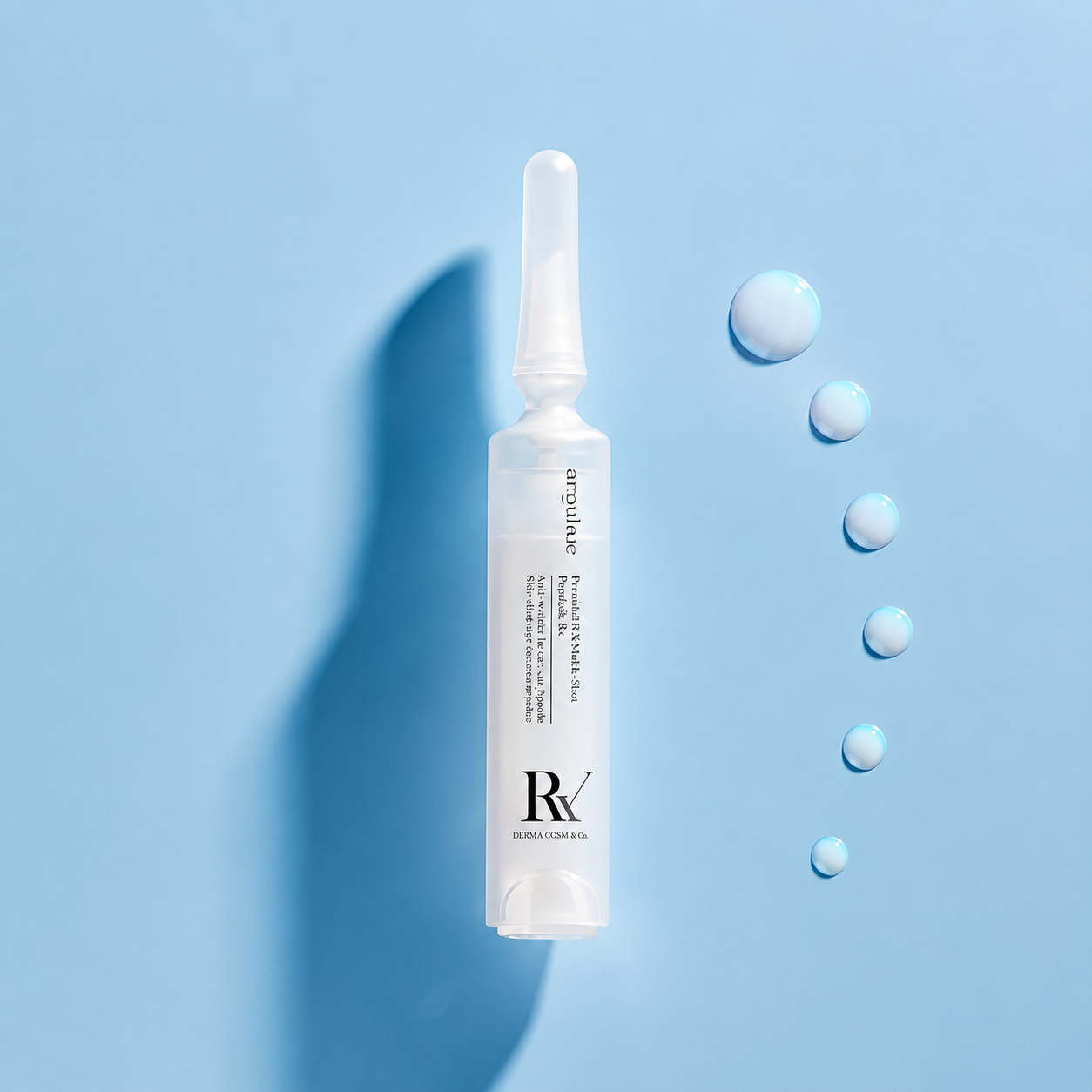 ORGAHUE Peptide 104 ampoule with iridescent pearl droplets on a sky-blue background