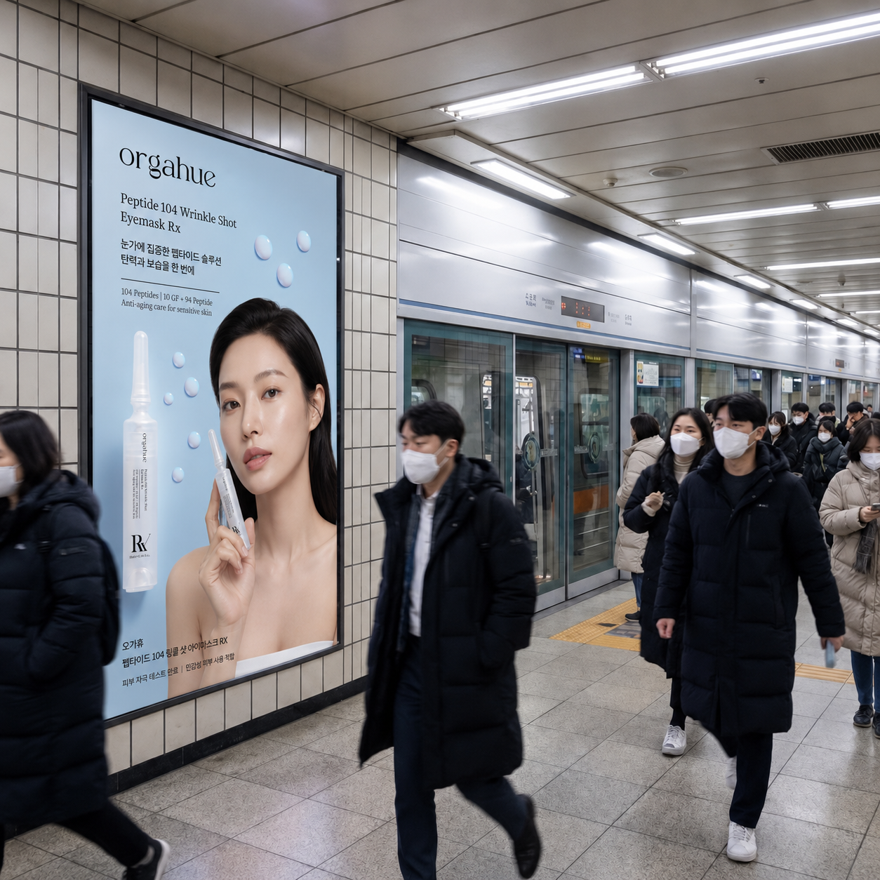 ORGAHUE Peptide 104 Wrinkle Shot Eyemask RX advertised on a large panel in a busy Seoul subway station