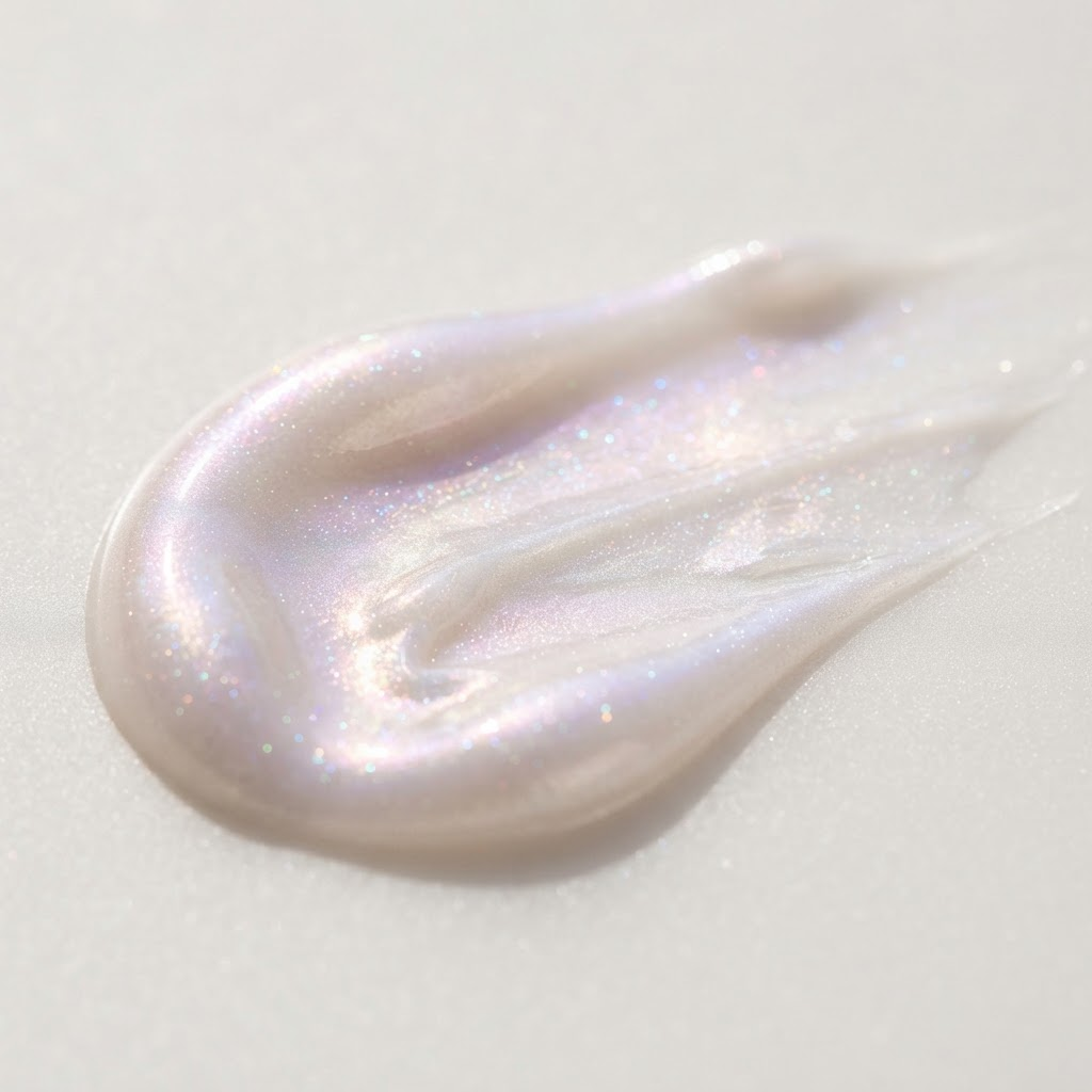 Real macro shot of the Aurora Beam cream texture with its unicorn pearl swirl reflecting pink, lavender, and champagne light